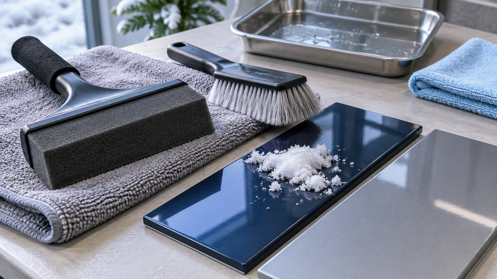 雪下ろし用のフォーム道具とブラシを塗装サンプルのそばで確認する説明用イメージ