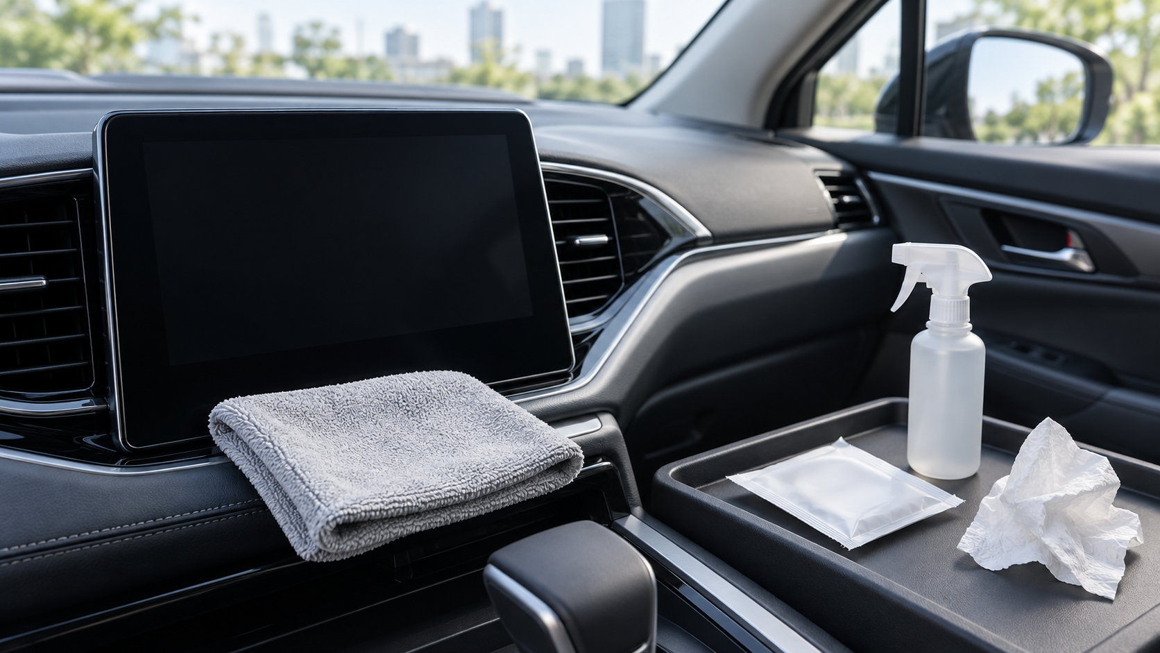 車載ディスプレイから離して置いた布と清掃用品の説明用イメージ