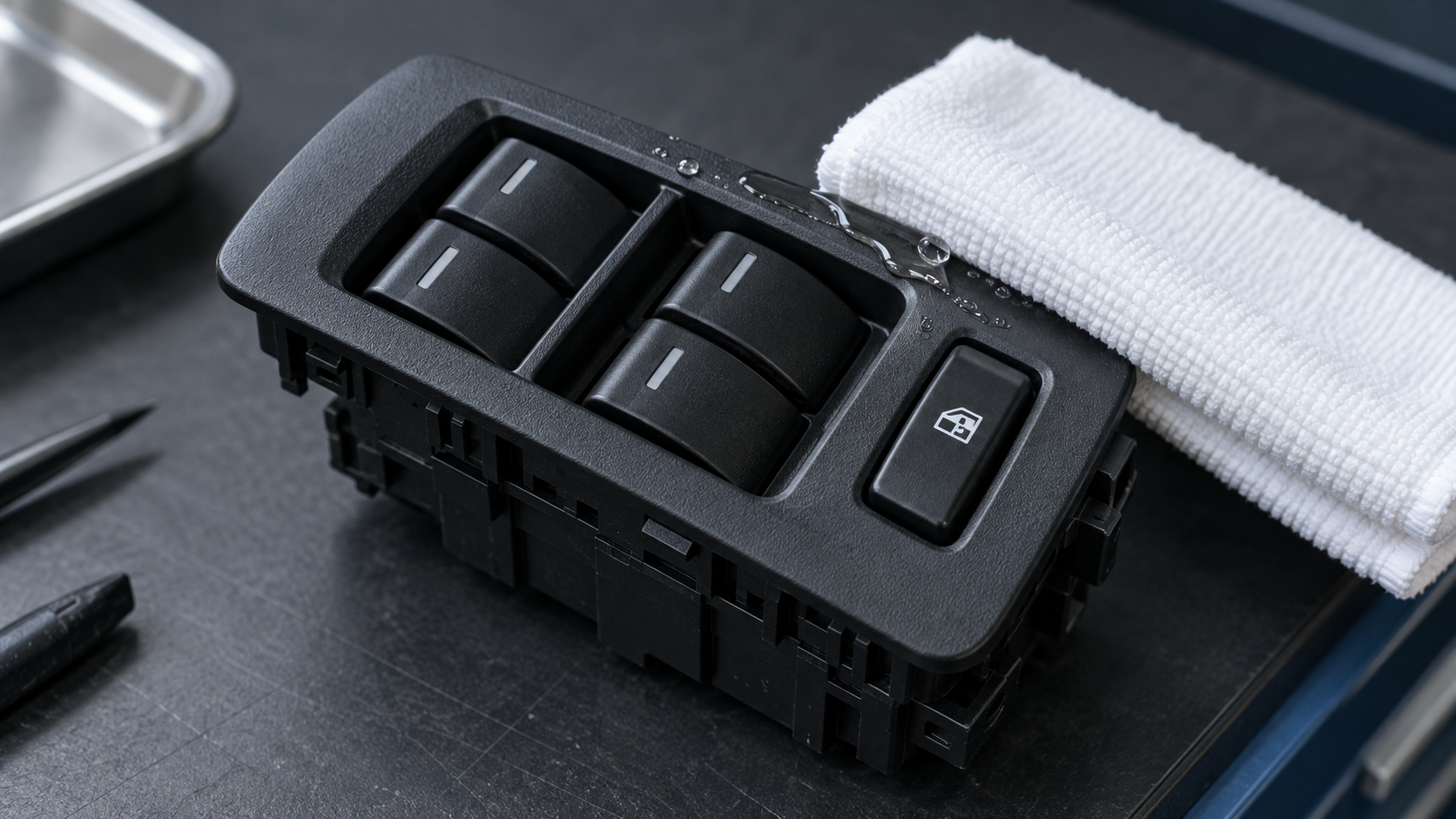 少量の液体が付いたパワーウインドウスイッチの模型と吸水布を示す説明用イメージ