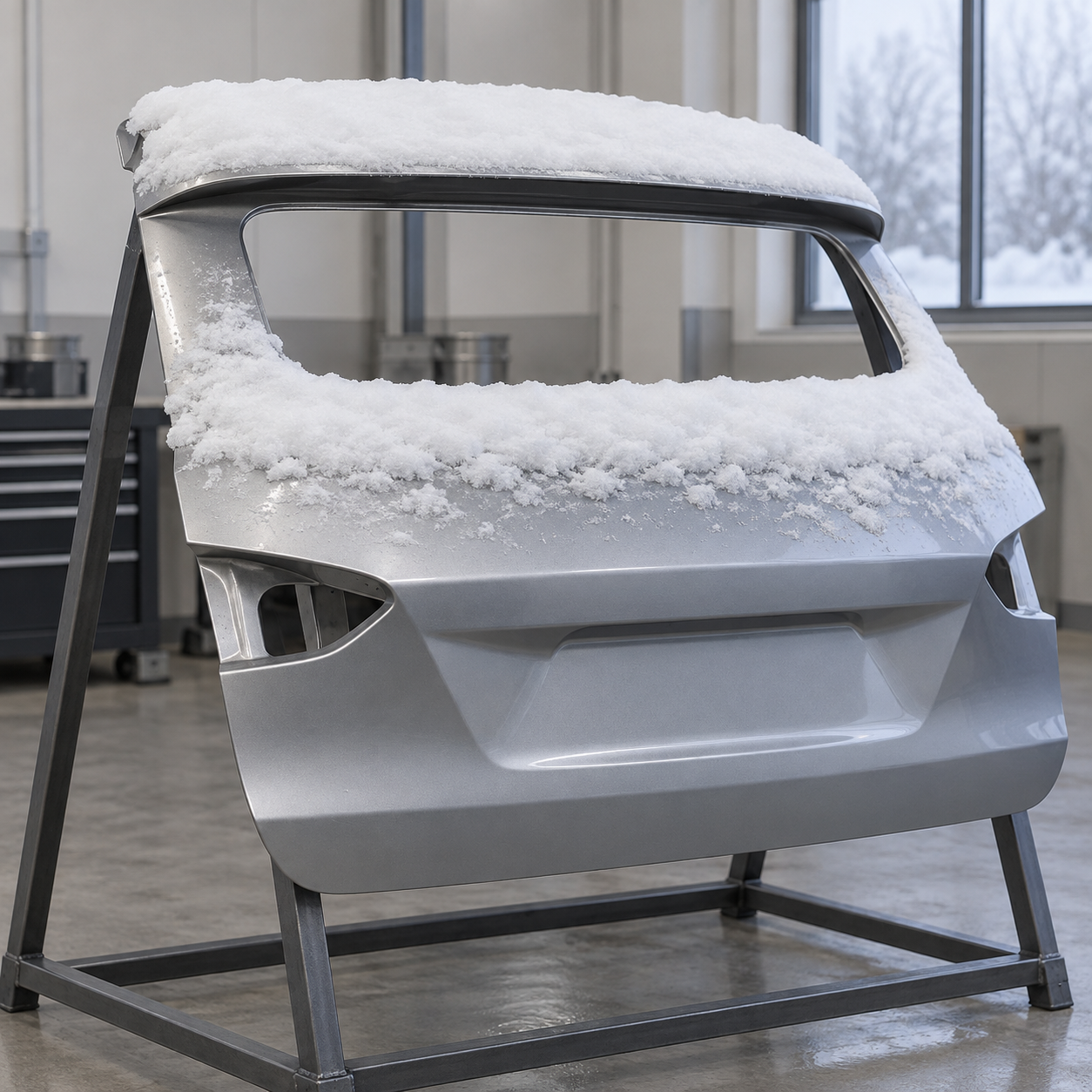 雪が載ったテールゲート外板の訓練用試験パネル