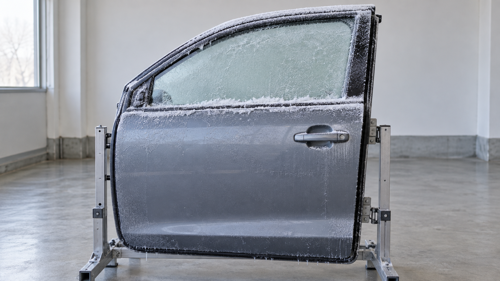 雪と氷で外周が凍結した自動車ドアの訓練用試験治具