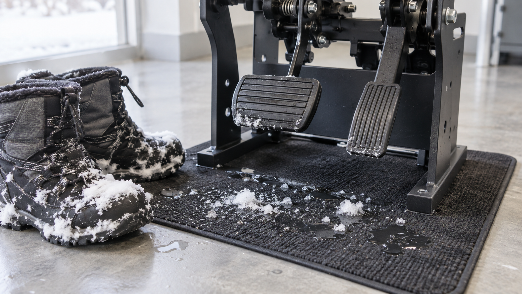 雪が付いた冬靴とペダル周りの訓練用試験治具