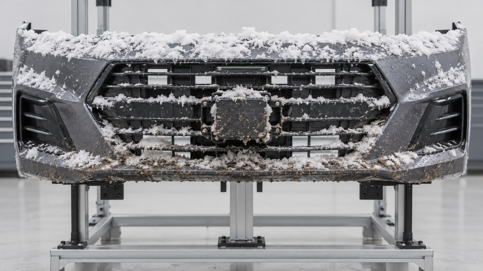 雪と泥でレーダー周辺が覆われた前方センサー訓練モジュール