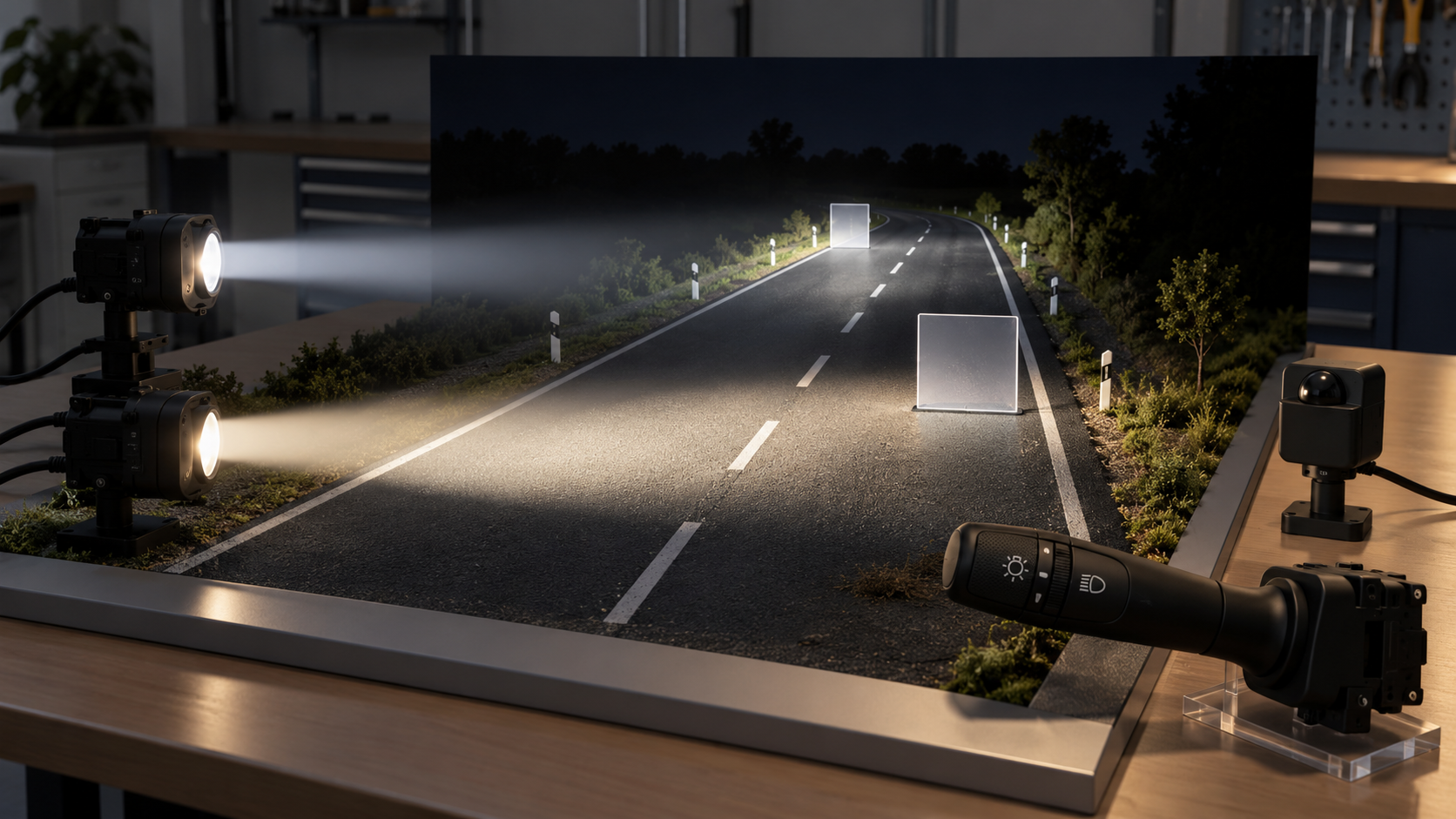 ハイビームとロービームの照射範囲を示す道路模型の教材イメージ